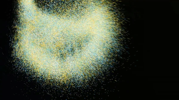 Абстрактные движущиеся частицы на черном фоне. Анимация. Визуализация облака насекомых в вращающемся движении, миграция мух в 3D графике движения. — стоковое фото