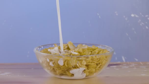 Verter la leche sobre un recipiente transparente lleno de copos de maíz con gotas de leche que caen sobre una mesa. Acción. Sabroso desayuno con cereales. — Vídeo de stock