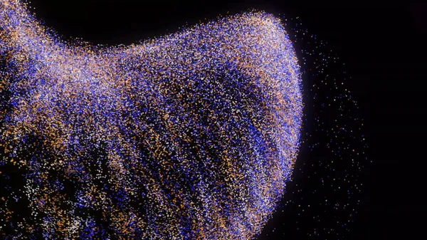 Pequeñas partículas abstractas que imitan el movimiento sincrónico del cardumen de peces bajo el agua. Animación. Visualización 3D de la vida marina sobre fondo negro. — Foto de Stock