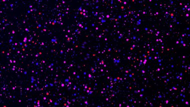 Soyut toz parçacıkları iki parçaya bölünmüş. Animasyon. Siyah zemin üzerinde kaotik bir şekilde yüzen renkli küçük daireler, kusursuz döngü.