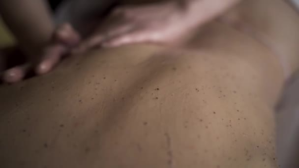 Massagista faz esfregar o corpo para uma jovem mulher no salão de massagem. Acção. Descascamento e esfregando feminino de volta com uma esfoliação de café natural. — Vídeo de Stock