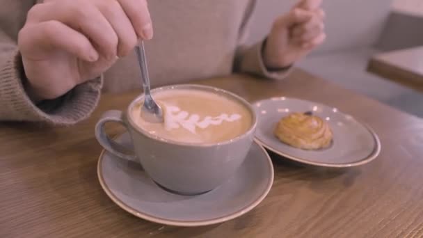 Rör om latte kaffe med en sked och en kaka som ligger på en tallrik. Börja. Närbild av kvinna hand rör skum av hennes kaffe medan du sitter på restaurangen. — Stockvideo