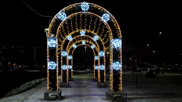 Colorido túnel de arco redondo brillante en un parque de la ciudad. Concepto. Nochebuena y Año Nuevo en una noche de invierno con una figura hecha de guirnalda brillante. — Vídeos de Stock