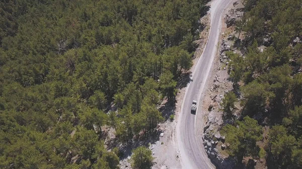 Vista aérea sobre carretera de montaña pasando por el bosque en el Parque Nacional. Clip. Paisaje de verano con un camino de flexión y árboles verdes en una región montañosa. — Foto de Stock