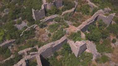 Bitki örtüsünde boğulan terk edilmiş köyün doğası ve kalıntıları. Şarjör. Eski binaların ve yeşil ağaçların çatlak duvarlarının havadan görünüşü. 