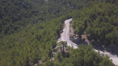 Ulusal Park 'taki ormandan geçen dağ yolunun üzerinden geçen hava manzarası. Şarjör. Yaz manzarası, kıvrımlı bir yol ve tepelik bir bölgede yeşil ağaçlar.. 