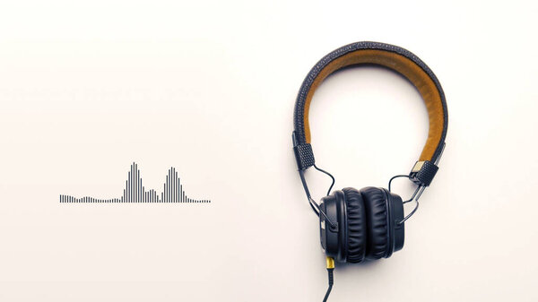 Full size headphones isolated on white background with moving equalizer graphs and glitch effect, seamless loop. Animation. Concept of electronic music.