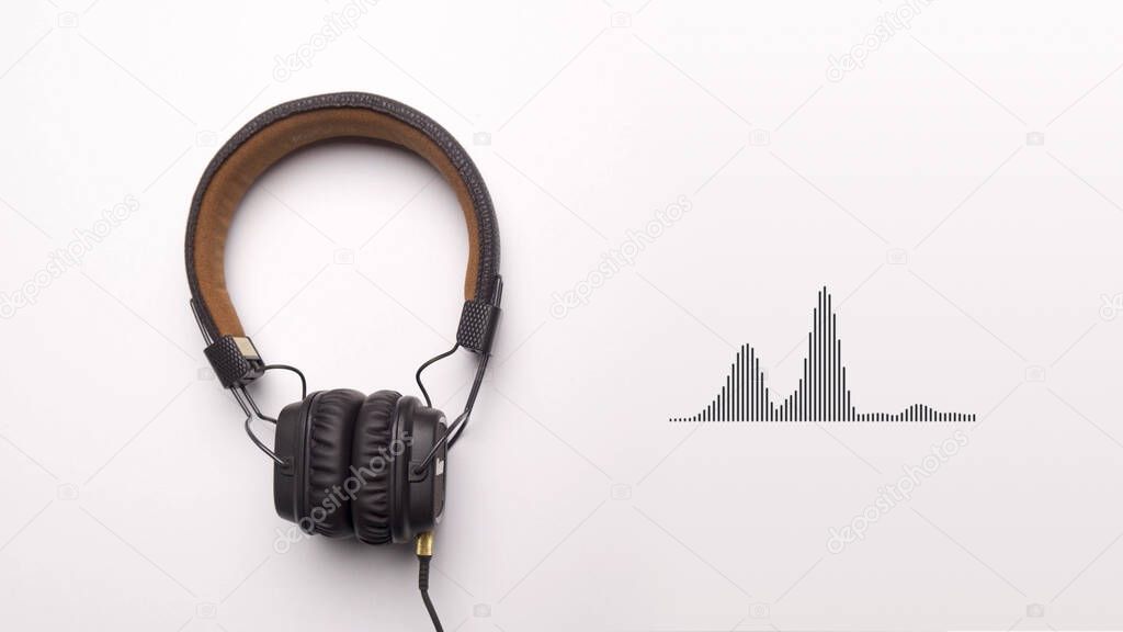 Full size headphones isolated on white background with moving equalizer graphs and glitch effect, seamless loop. Animation. Concept of electronic music.