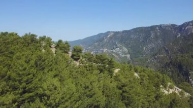Yeşil dağ sıraları tamamen ağaçlar ve bitki örtüsüyle kaplı. Şarjör. Uçan İHA 'dan muhteşem doğa manzarası ormanlarla kaplı güzel yeşil dağların üzerinde..