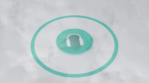 희미 한 회색 배경, 솔기없는 고리에 고립 된 청록색 물결을 방출하는 전형적 인 흰색 헤드폰 아이콘. 애니메이션. 라디오 와 음악의 개념. — 스톡 사진