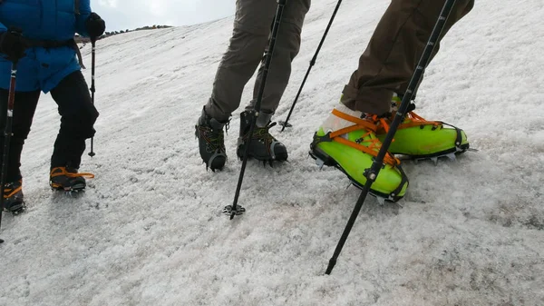 A hegymászók hóban járnak. Csípés. Felemelkedő hegymászók lábai különleges hócipőben a hegytetőn. Mászólábak egymás után tüskés cipőben és botokkal mászáshoz — Stock Fotó