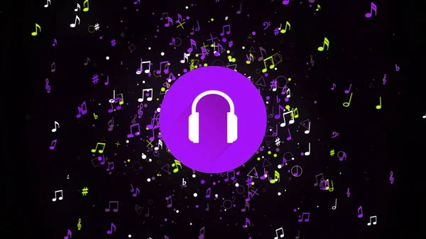 Ícone de fones de ouvido em um círculo roxo e muitas pequenas notas musicais voando sobre fundo preto. Animação. Gráficos de movimento loop sem costura, conceito de música de clube noturno. — Fotografia de Stock