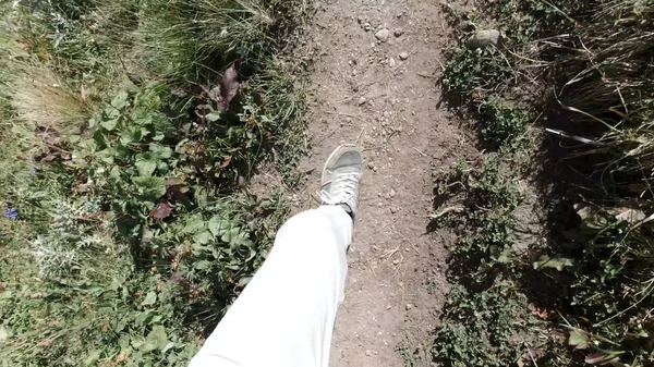 Caminhando no caminho estreito da montanha em um dia ensolarado. Clipe. Vista superior das pernas masculinas subindo a encosta da colina rochosa com grama crescente, conceito de caminhadas. — Fotografia de Stock