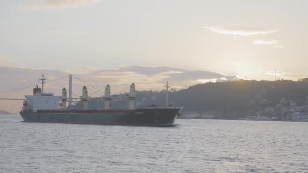Turkije, Istanbul-december 2020: Schip voor de kust van zeestad. Actie. Steamboat vaart in de buurt van de kust van Istanbul op de achtergrond van hangbrug op zonnige dag. Schepen en stoomboten die voor de kust van — Stockvideo