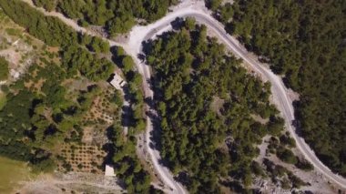 Yeşil çam ağaçları boyunca uzanan kıvrımlı bir yolun havadan görünüşü. Şarjör. Orman yeşil bölgesi ve dar beton yolu olan güzel yaz manzarası.