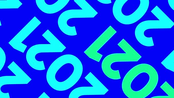 Lichtblauwe rijen van 2021 inscripties bewegen zich langzaam diagonaal in dezelfde richting op een helderblauwe achtergrond. Animatie. Begrip "Nieuwjaar". — Stockvideo