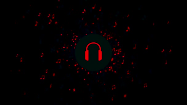 Casque rouge à l'intérieur cercle noir entouré de notes en mouvement. Animation. Notes de musique et écouteurs en boucle transparente, concept de boîte de nuit. — Video