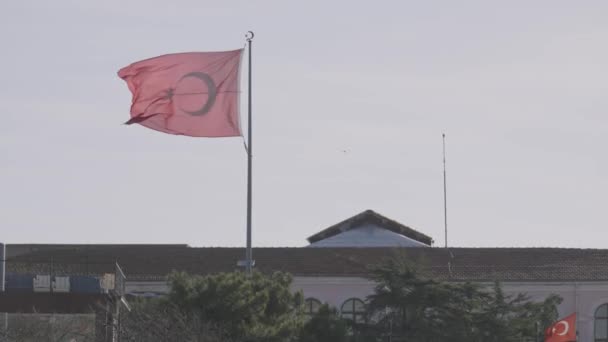 Bandeira turca balançando no vento contra um céu azul claro. Acção. Bandeira vermelha da Turquia acenando acima do edifício e árvores verdes. — Vídeo de Stock