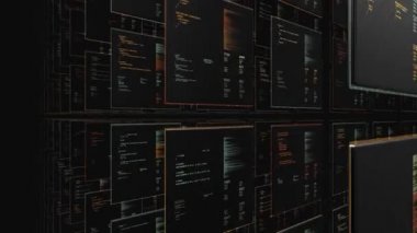 Milyonlarca uçan panel, siyah zemin ve kusursuz döngü hakkındaki dijital bilgileri değiştiriyor. Animasyon. İş ve piyasa kavramı. 