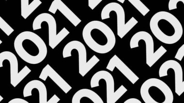 2021 rakamlarının soyut beyaz satırları çapraz olarak aynı yöne hareket ediyor. Animasyon. Siyah arkaplanda tek renkli sayılar, pürüzsüz döngü.