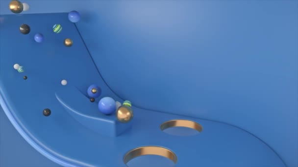 Balles colorées tombantes à travers des trous. Animation. Jouets pour enfants, boules en plastique de différentes tailles tombant sur une surface cintrée. — Video