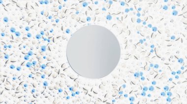 Soyut beyaz ve mavi küçük küre beyaz arkaplanda hareket eden ve yukarı uçan parçacıklar şeklindedir. Animasyon. Küçük topların hareketi.