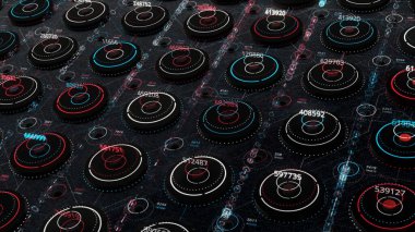 Gelecekçi teknolojik soyut hareket arka planı, kusursuz döngü. Animasyon. Bitmek bilmeyen enerji sıraları aynı boyut çemberleri ve değişen sayılar.