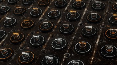 Gelecekçi teknolojik soyut hareket arka planı, kusursuz döngü. Animasyon. Bitmek bilmeyen enerji sıraları aynı boyut çemberleri ve değişen sayılar.