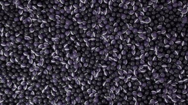 Banyo tıkacıyla sanal banyoda renkli plastik toplar. Animasyon. Rengarenk plastik kürelerle dolu bir rezervuarın en üst görüntüsü.