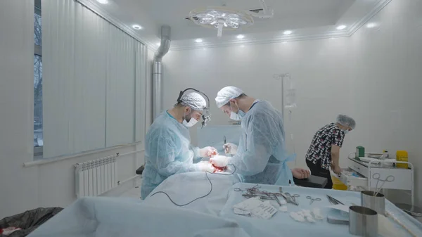 Operating room during operation with two surgeons. Action. Side view of operation under anesthesia by two surgeons. Professional surgeons in process of operating