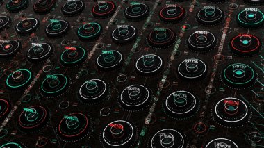  Dijital görüntüde temsil edilen sonsuz veri satırları, kusursuz döngü. Animasyon. Rakamları ve daireleri olan programlama verilerinin ekranı.