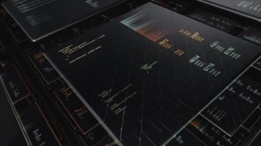 Sayılar ve grafiklerle sonsuz dijital ekranlarda uçmak, kusursuz döngü. Animasyon. Değişen veriye sahip teknolojik arkaplan.