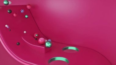 Arka planda renkli toplar var. Animasyon. Renkli zıt üç boyutlu küreler bir detayın iki deliğinden aşağı düşüyor.