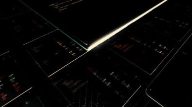 Sayıları, grafikleri, soyut bilimsel arkaplanı, kusursuz döngüsü olan soyut ekranlar. Animasyon. Uçan modern dijital panellerin 3 boyutlu görselleştirilmesi.