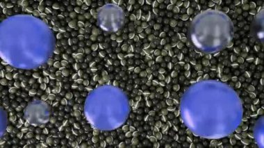 Banyo tıkacıyla sanal banyoda renkli plastik toplar. Animasyon. Rengarenk plastik kürelerle dolu bir rezervuarın en üst görüntüsü.