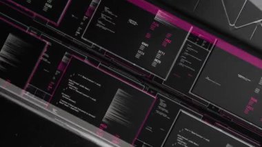 Siyah arkaplan üzerindeki programlama kodlarının soyut ekranları. Animasyon. Programlama dili ve sistem mühendisliği kavramı.