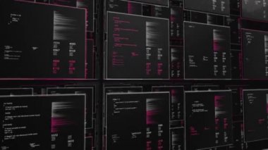 Fütürist yüksek teknoloji kullanıcı arayüzü, dijital kodu ve verisi olan çoklu ekran, hareket grafikleri arka planı. Program kodlamasının 3 boyutlu görselleştirilmesi.