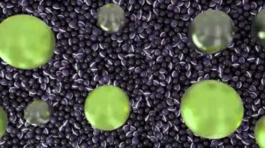 Banyo tıkacıyla sanal banyoda renkli plastik toplar. Animasyon. Rengarenk plastik kürelerle dolu bir rezervuarın en üst görüntüsü.