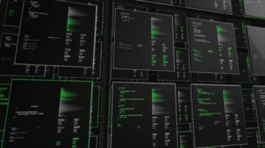 Fütürist yüksek teknoloji kullanıcı arayüzü, dijital kodu ve verisi olan çoklu ekran, hareket grafikleri arka planı. Program kodlamasının 3 boyutlu görselleştirilmesi.