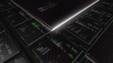 Siyah arkaplan üzerindeki programlama kodlarının soyut ekranları. Animasyon. Programlama dili ve sistem mühendisliği kavramı.