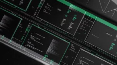 Kare şekilli ekranlarda sanal alanda uçan program kodları blokları. Animasyon. Yapay zeka kavramı.