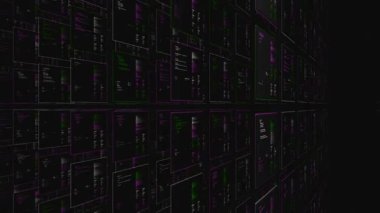 Bilgiye sahip birden fazla hücre. Animasyon. Siyah zemin üzerinde bilgi ve sayısal hücrelerin olduğu sanal uzay. Bilgisayar alanında bilgi hücrelerinin satırları