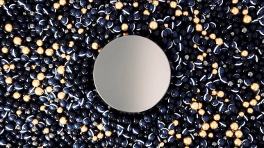 Üç boyutlu sarı toplar, beyaz çizgili koyu mor küçük küreler ile soyut rezervuara düşüyor. Animasyon. Düz yuvarlak şekilli gümüş figür ekranın ortasında beliriyor..