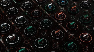 Siber uzayda numaralar üretildi. Animasyon. Sayılar sanal uzayda neon dairelerin içindeki belirli değerlerde durdu. Rastgele sayı üreteci durdu ve bir sürü rastgele sayı üretti