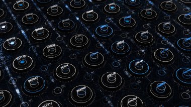 Sanal rastgele sayı üreticisi. Animasyon. Neon daireleri ve sayıları olan sanal alan. Matrisin içindeki neon dairelerdeki sayı üreteci çıkış değerleri