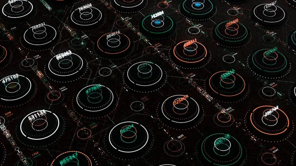 Siber uzayda numaralar üretildi. Animasyon. Sayılar sanal uzayda neon dairelerin içindeki belirli değerlerde durdu. Rastgele sayı üreteci durdu ve bir sürü rastgele sayı üretti