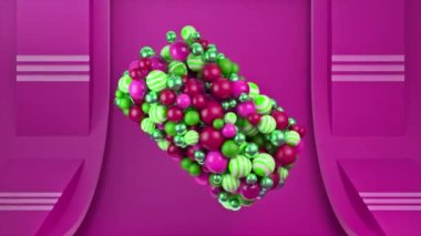 Soyut çok renkli küreler, parlak pembe arka planda izole edilmiş, pürüzsüz bir döngüde üç boyutlu bir figür olarak dönüyorlar. Animasyon. Büyük ve küçük parlak topların soyut formu.