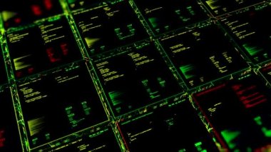 Bir iş analizi programıyla soyut dijital bilgisayar görüntüsü. Animasyon. İnternet ve küresel iletişim kavramı.