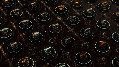 Neon halkalardaki sayılar. Animasyon. Sanal uzayın içinde neon daireler şeklinde sayılar üretildi. Neon daireleri ve belli sayıları olan siber alan