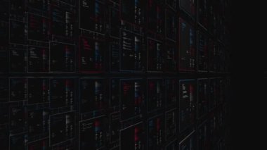 Bilgisayarda bir sürü bilgi hücresi var. Animasyon. Birçok hücrenin bilgi tabanlı 3D animasyon. Bilgisayar verisi ve hesaplamaları olan hücreler